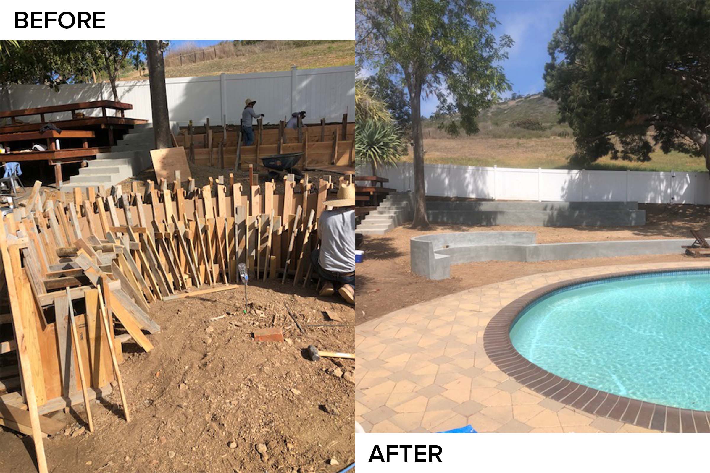 Before and after: an old wood fence replaced with a curved concrete bench beside a pool