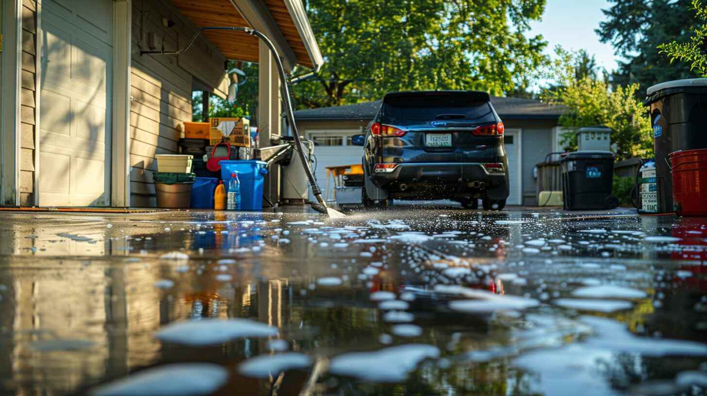 Wet driveway with reflections after cleaning
