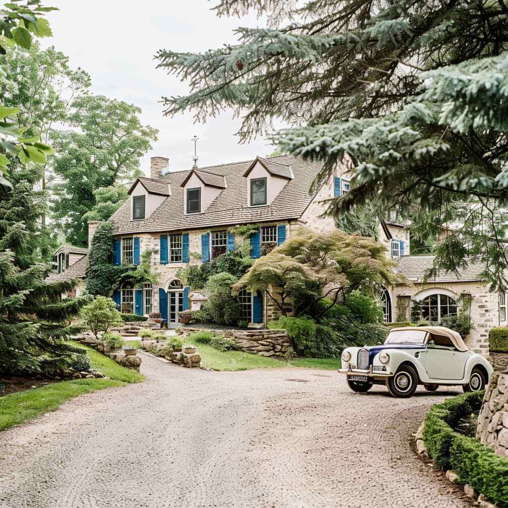 Wide paved driveway leading to a large home