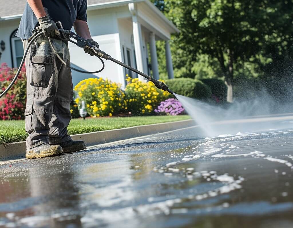 Pressure washing a concrete driveway
