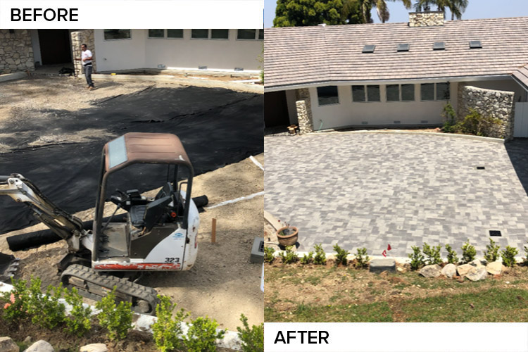 Before and after: excavated driveway rebuilt with interlocking pavers and new planting