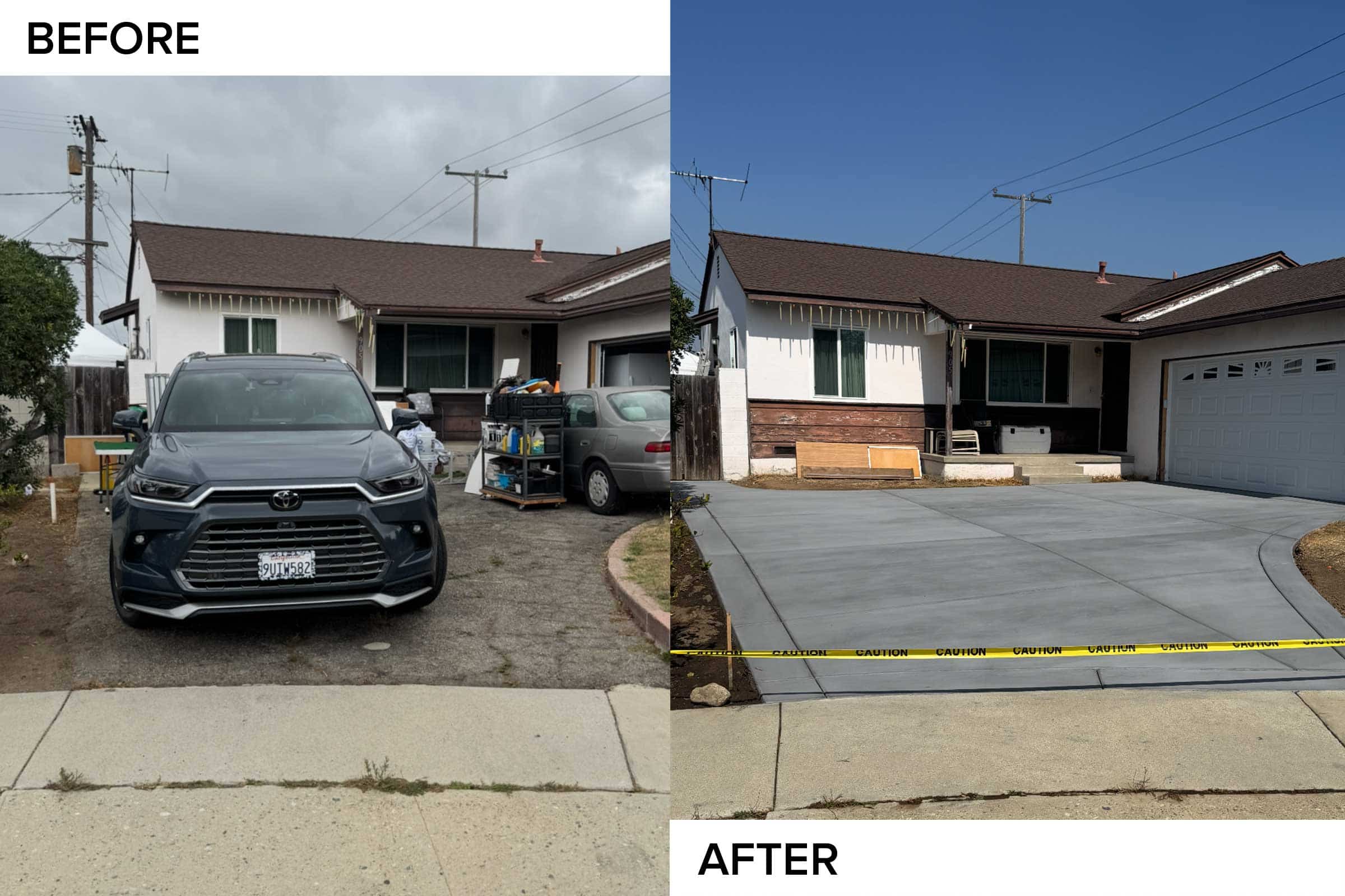 Before and after: a worn dirt parking area replaced with a clean new concrete driveway