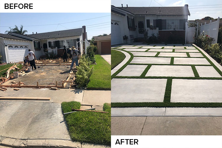 Before and after: a dirt yard transformed into a modern concrete driveway with turf grid joints