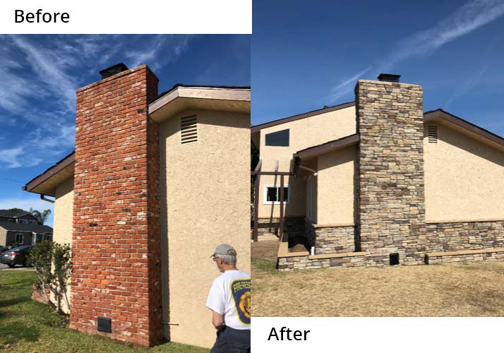 Before and after: a plain red brick chimney refaced in stacked ledger stone
