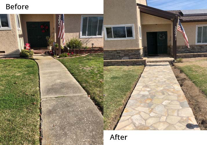 Before and after: a plain concrete walkway transformed into a natural flagstone path