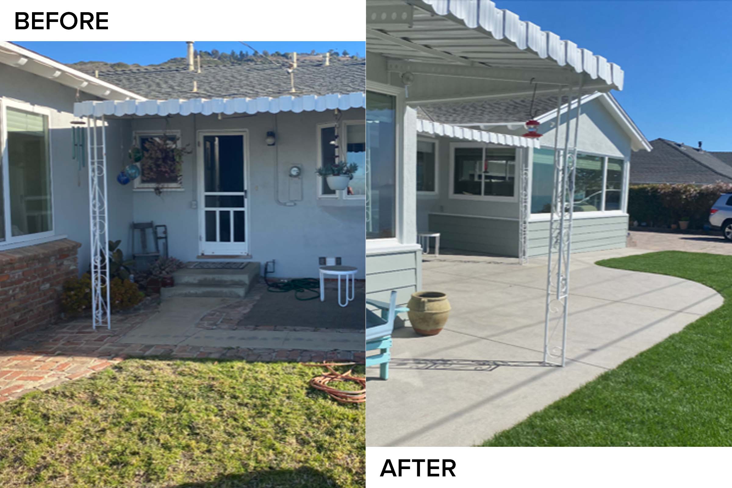 Before and after: a small worn patio under an awning replaced with a much larger concrete patio meeting new turf
