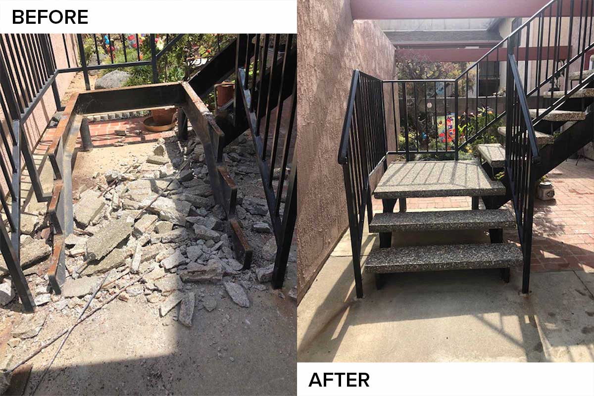 Before and after: exterior steps crumbled to their steel stringers, rebuilt with new aggregate-finish treads