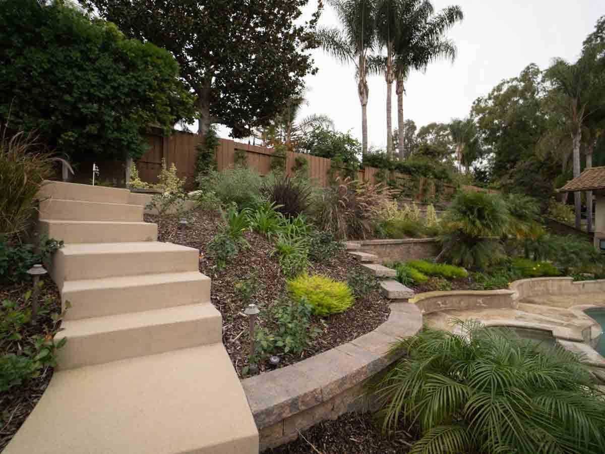 Curved colored concrete steps winding through a terraced garden with palm trees