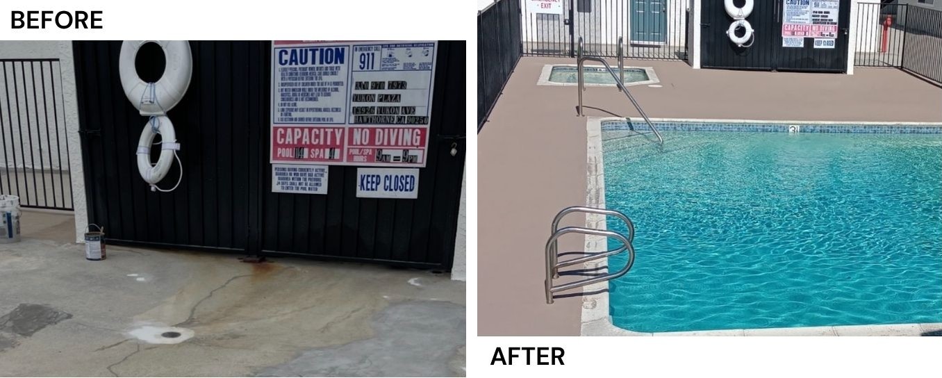 Before and after: a stained, patched community pool deck resurfaced with a smooth uniform finish