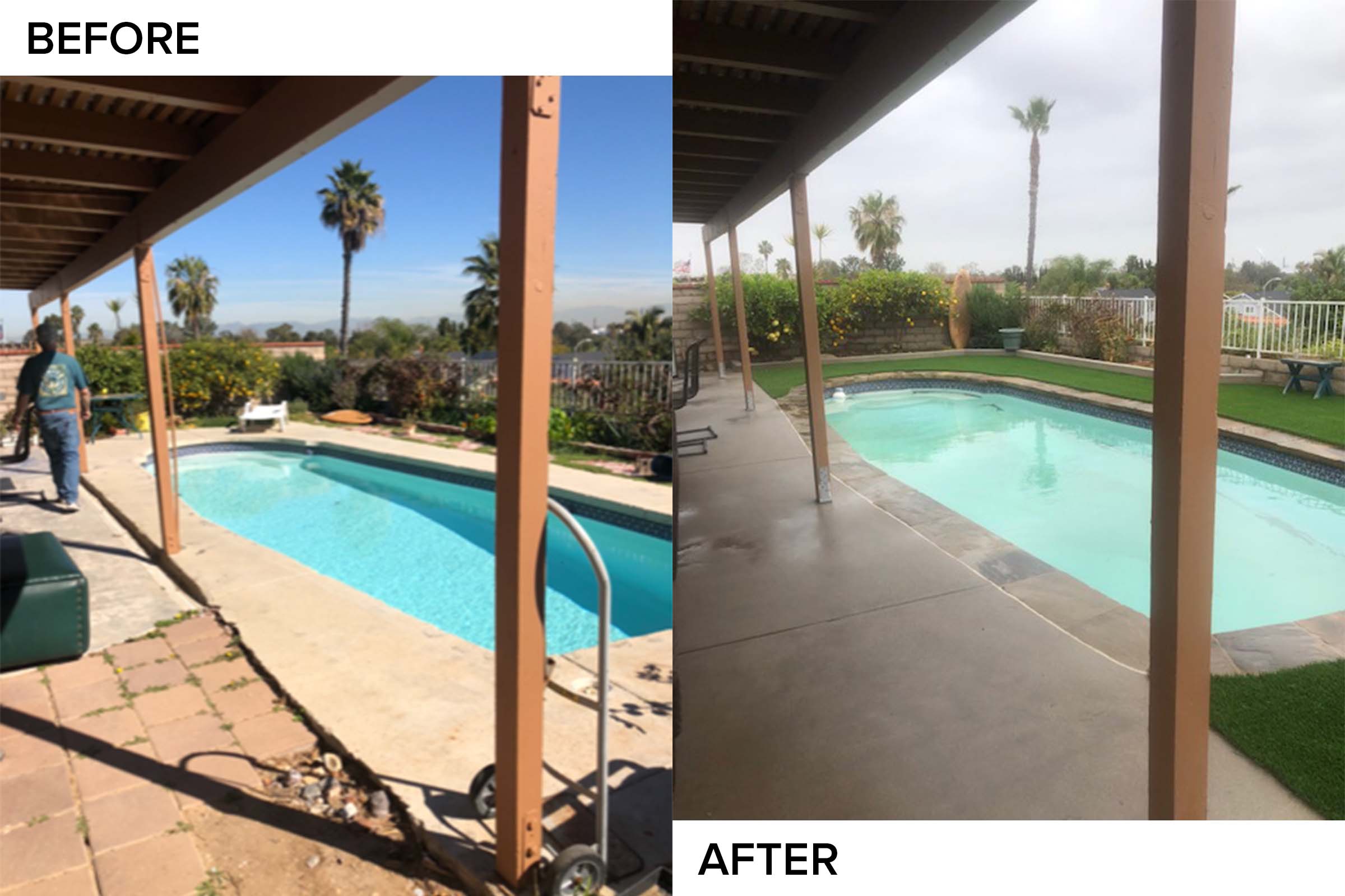 Before and after: cracked brick pavers around a pool replaced with a new concrete deck and turf ribbon