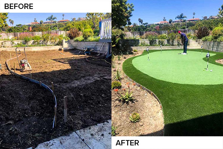 Before and after: a graded dirt yard with compactor and edging forms transformed into a multi-hole putting green
