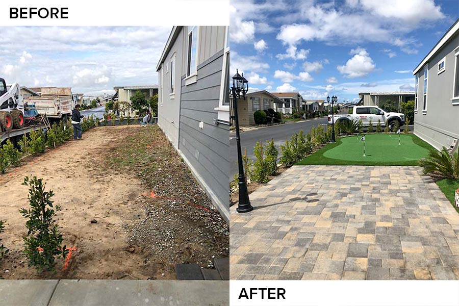 Before and after: a bare dirt side yard transformed into a tumbled paver patio leading to a putting green