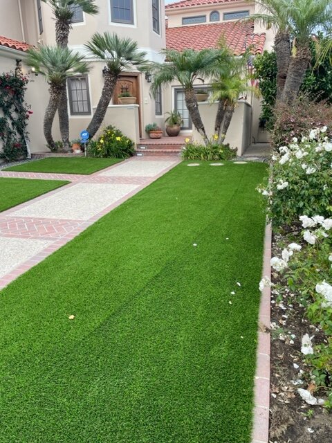 Front entry walkway with brick-edged aggregate paving flanked by artificial turf panels and white roses