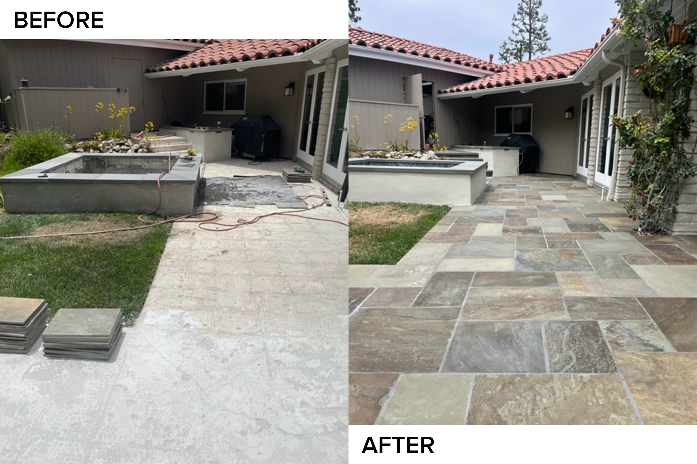 Side-by-side before and after of a backyard patio: bare concrete transformed with Pennsylvania bluestone pavers