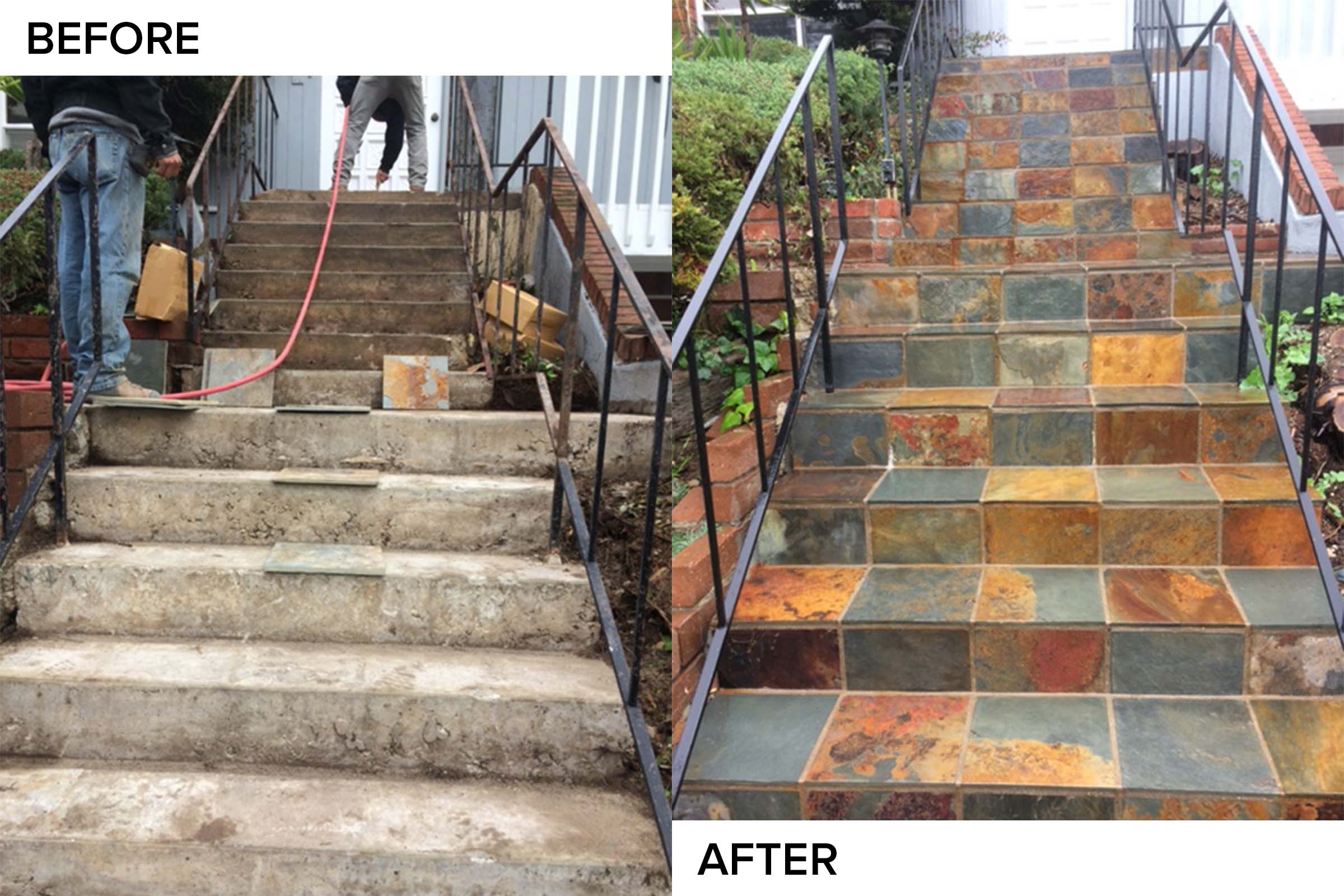 Side-by-side before and after of a long front stairway: worn concrete steps resurfaced in multicolor slate